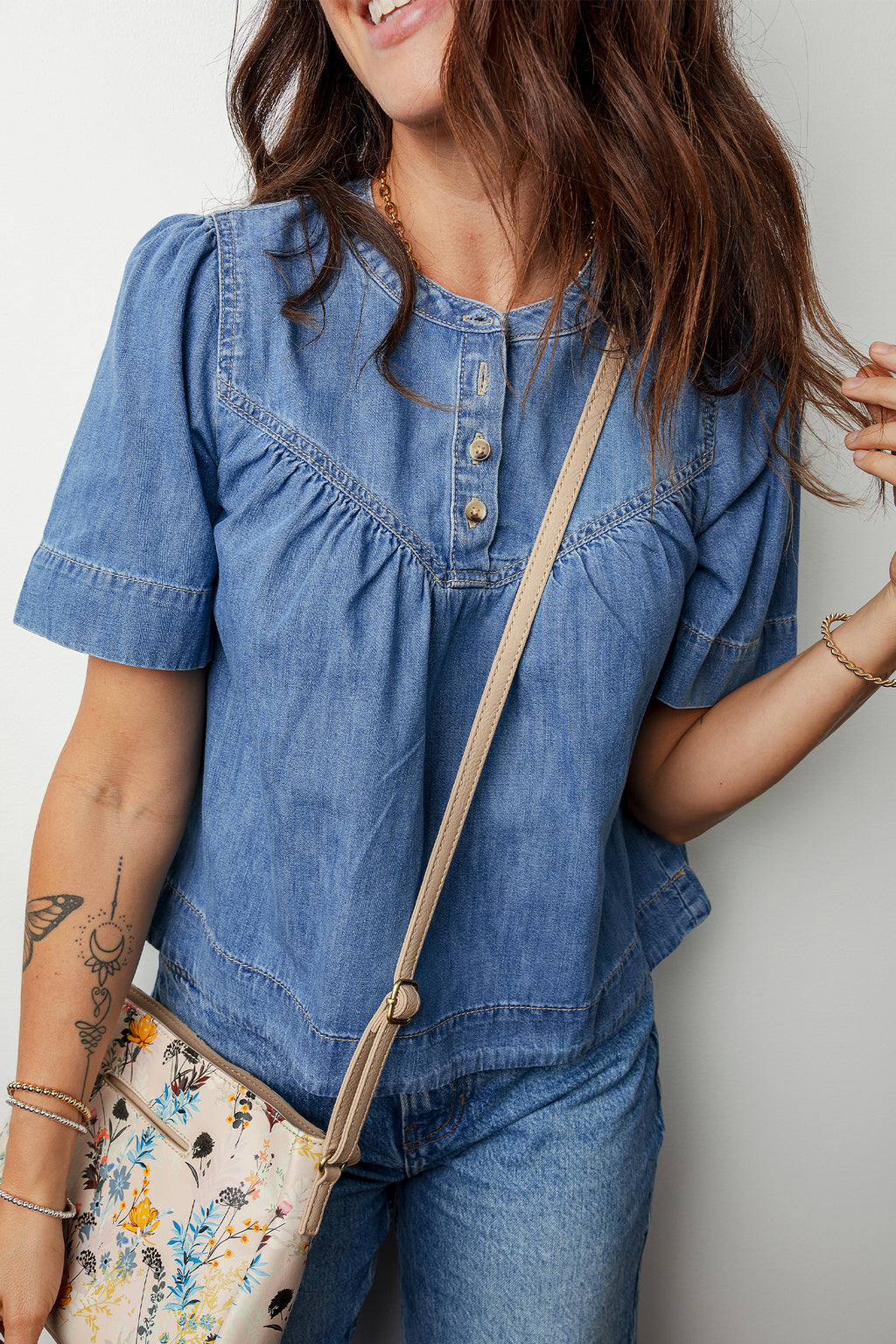 Beau Blue Seam Pleated Detail Half Button Short Sleeve Denim Top d5b3b0ebfc28a53e