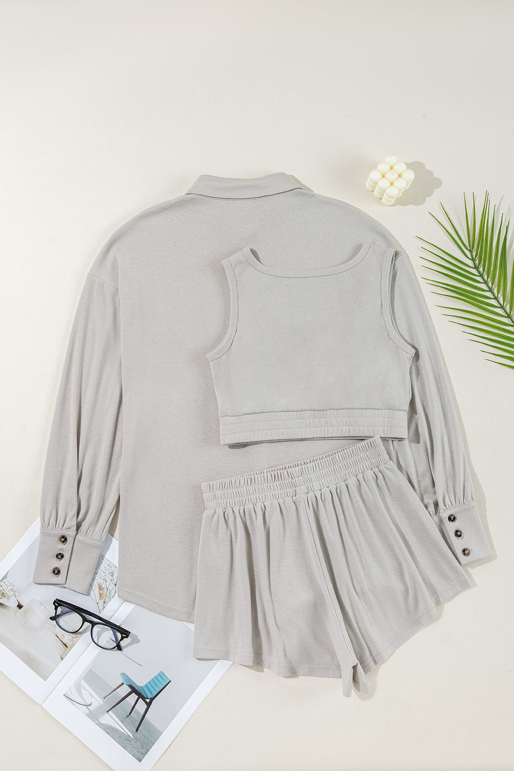 Black Shirred Hem Crop Tank Top Loose Shorts Cardigan 3 Piece Pajama Set d5b3bc4902a9738e
