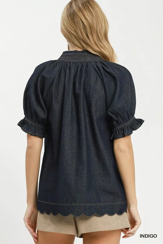 Chambray Puff Sleeve Scallop Hem Blouse d5b93b5e-603f-4625-b63b-637cea3253b1-Max-Origin