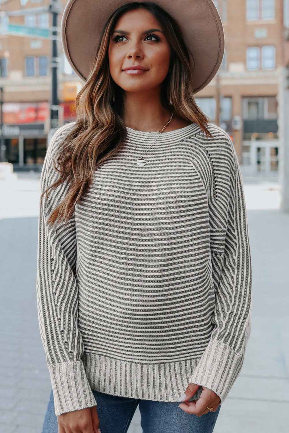 Light French Beige Striped Print Ribbed Knit Raglan Sleeve Baggy Sweater d5bab72631b14c48