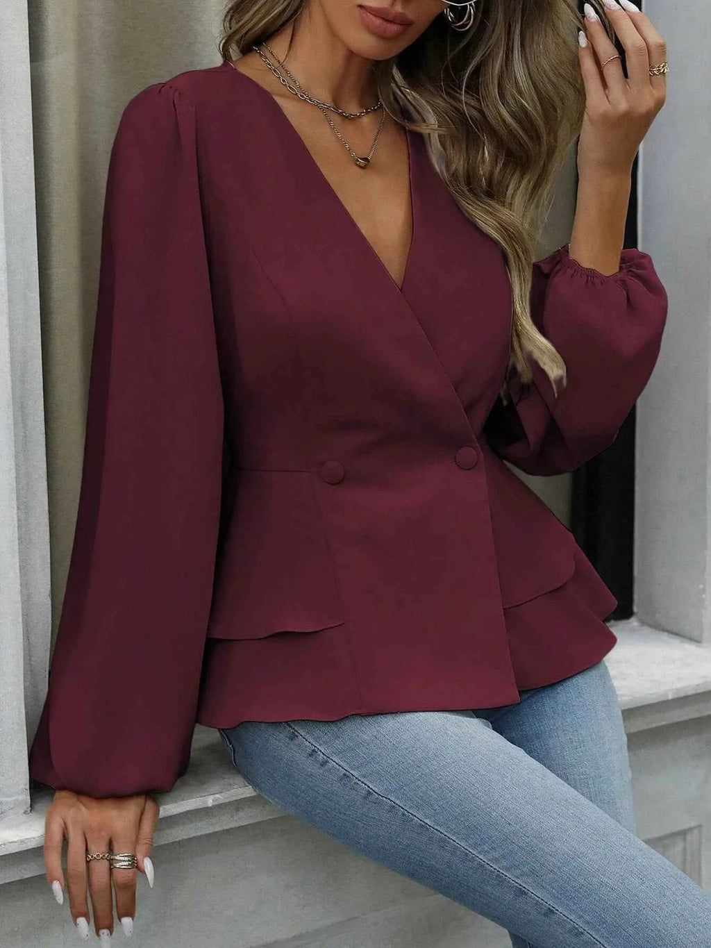 Surplice Balloon Sleeve Blouse d5c37c40e23e4c2b88c6da4849dcff3c-Max-Origin