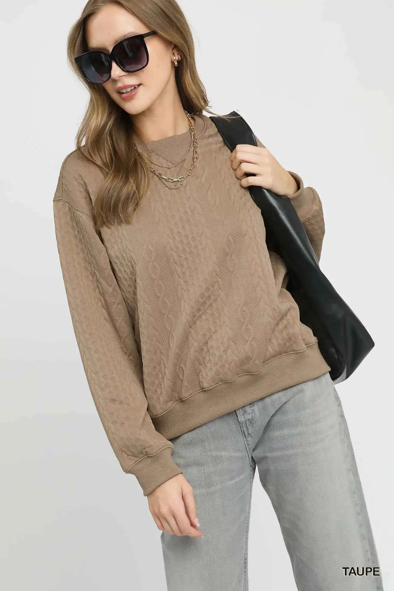 Umgee Cable Texture Pattern Sweatshirt with Ribbed Hem TAUPE d5c6a624-68ac-4f1f-b57f-22a3c7cd23bc-Max-Origin