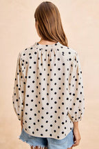 BiBi Polka Dot Corduroy Quarter Sleeves V Neck Blouse d5cfc700b2ac4bb49967f36d6c97b75c-Max-Origin