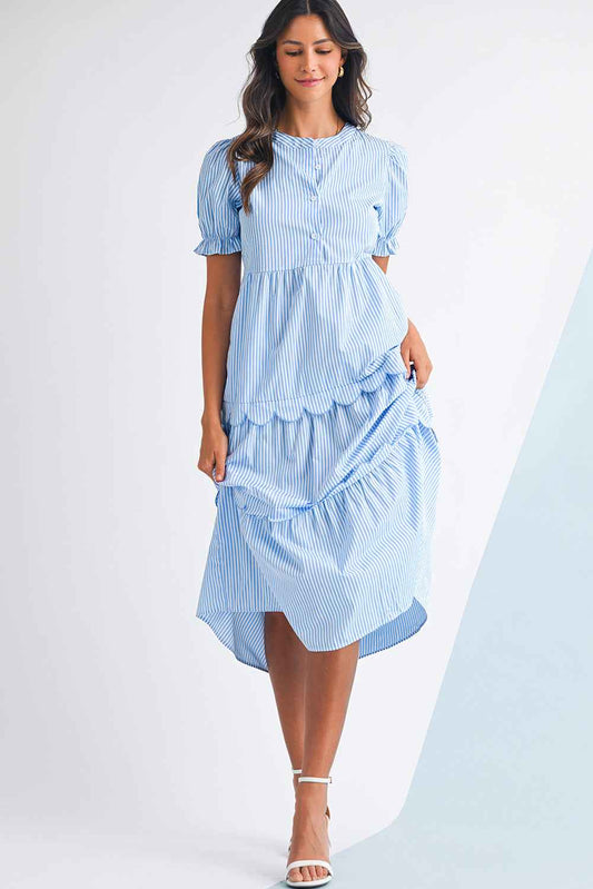 Sky Blue Stripe Bubble Sleeve Scallop Tiered Dress d5d5fd0da475123b