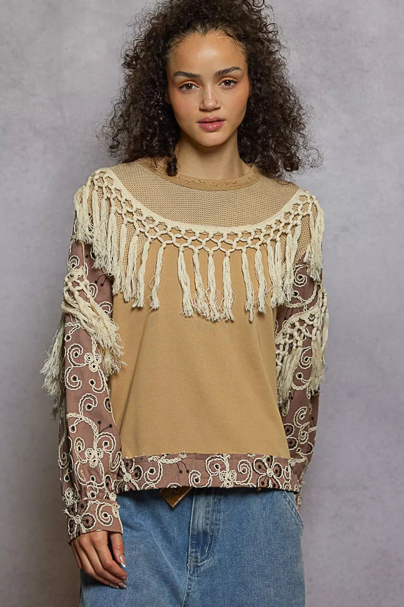 POL Contrast Floral Embroidery Balloon Sleeve Top with Tassel Trim d5d9ba41-786b-4800-a144-a4e1e11332c3-Max-Origin