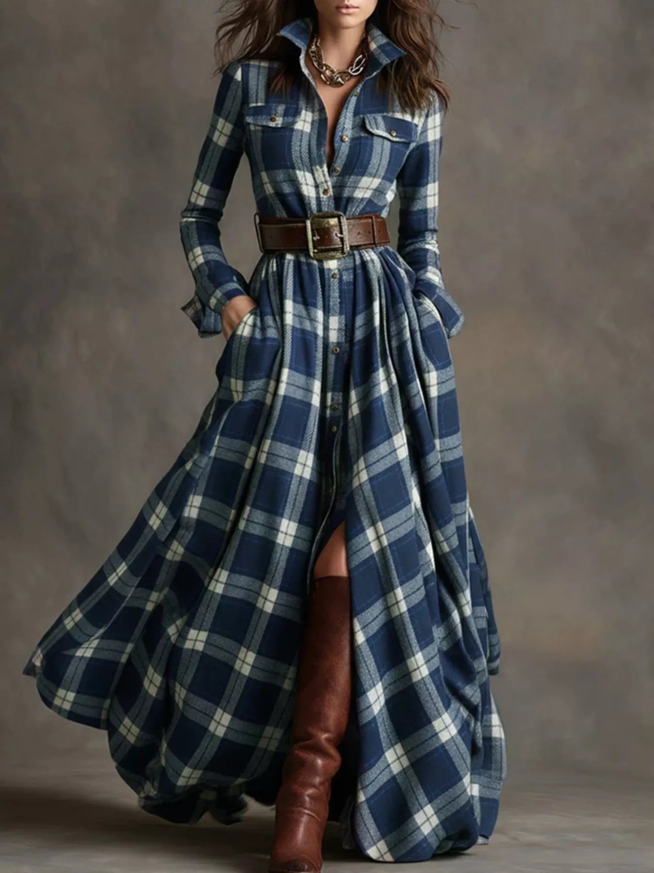 Plaid Button Front Maxi Shirt Dress Blue d5db0f83853b45349621a8091c955dcb-Max-Origin