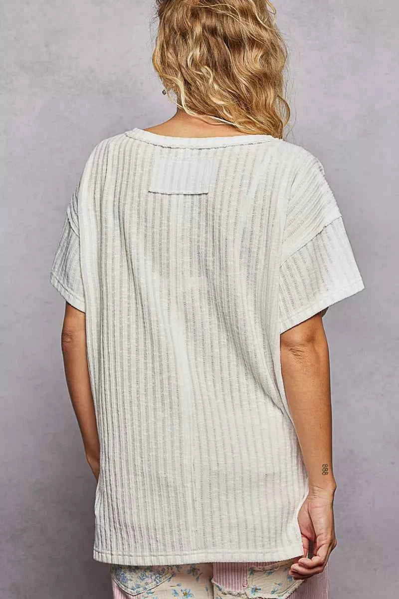 POL Ribbed Knit V-Neck Short Sleeve T-Shirt with Side Slit d5dd3aa6-47a2-4b6a-881f-9508e2ade8a2-Max-Origin