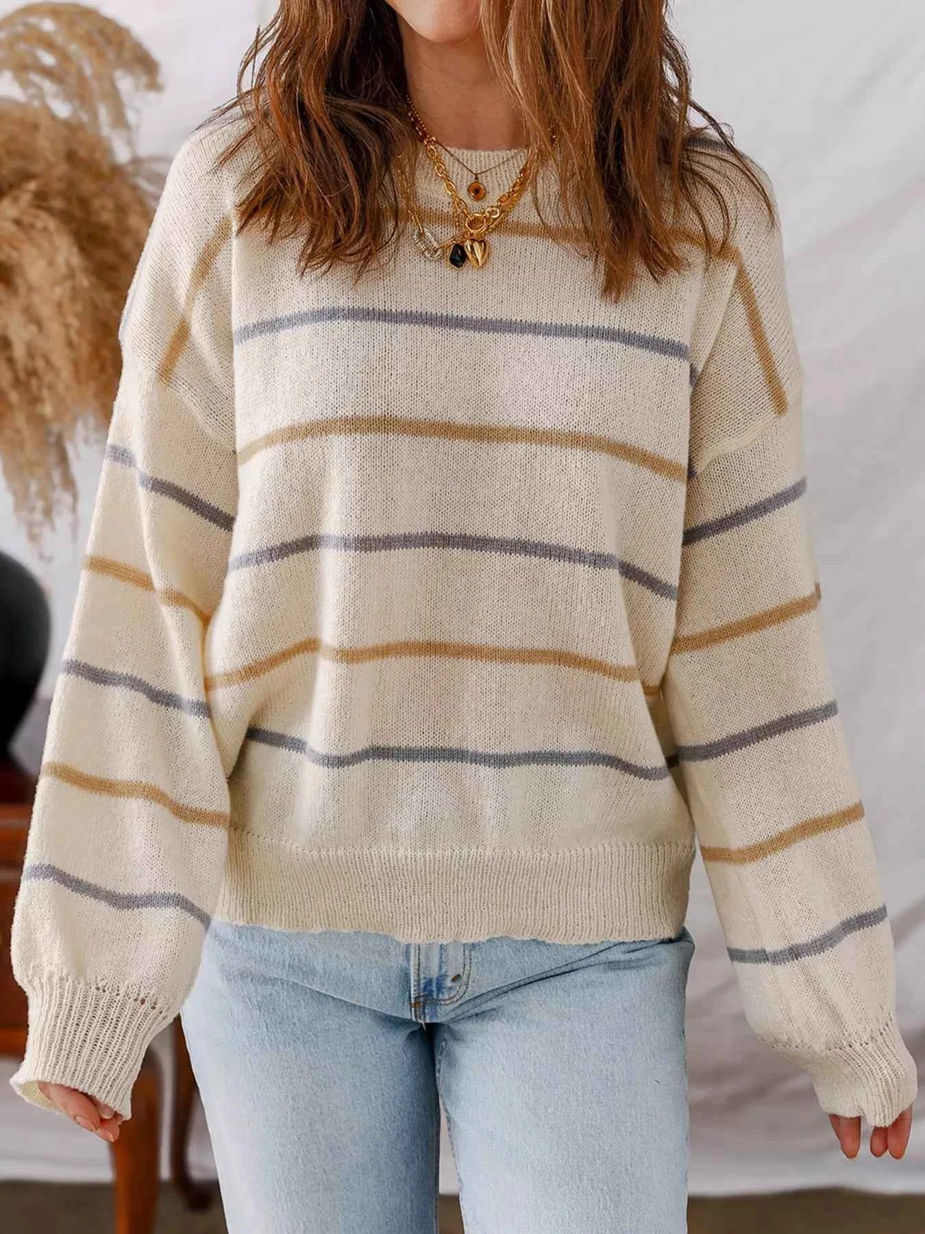 Stripe Striped Ribbed Edge Drop Shoulder Sweater Cream d5e98fcf00d5439996b298710a9f3473-Max-Origin