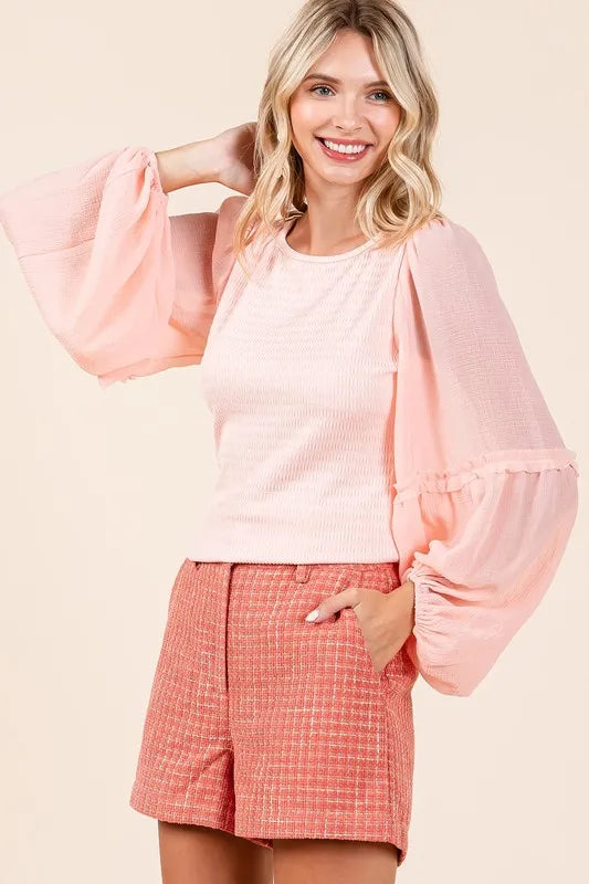 Mixed Media Textured Knit Chiffon Long Sleeve Top d5f015ea-7a60-49b2-b065-d323b2be7a28-Max