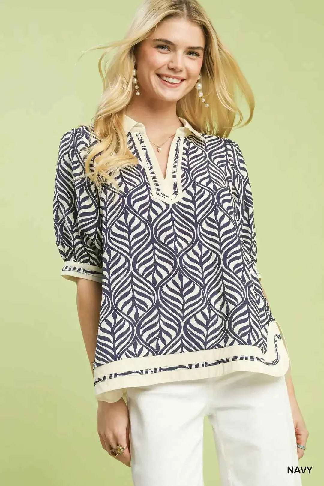 Umgee Geometric Leaf Print Popover Top NAVY d5f86088-1cff-4800-99aa-84edbafd7ea6-Max-Origin