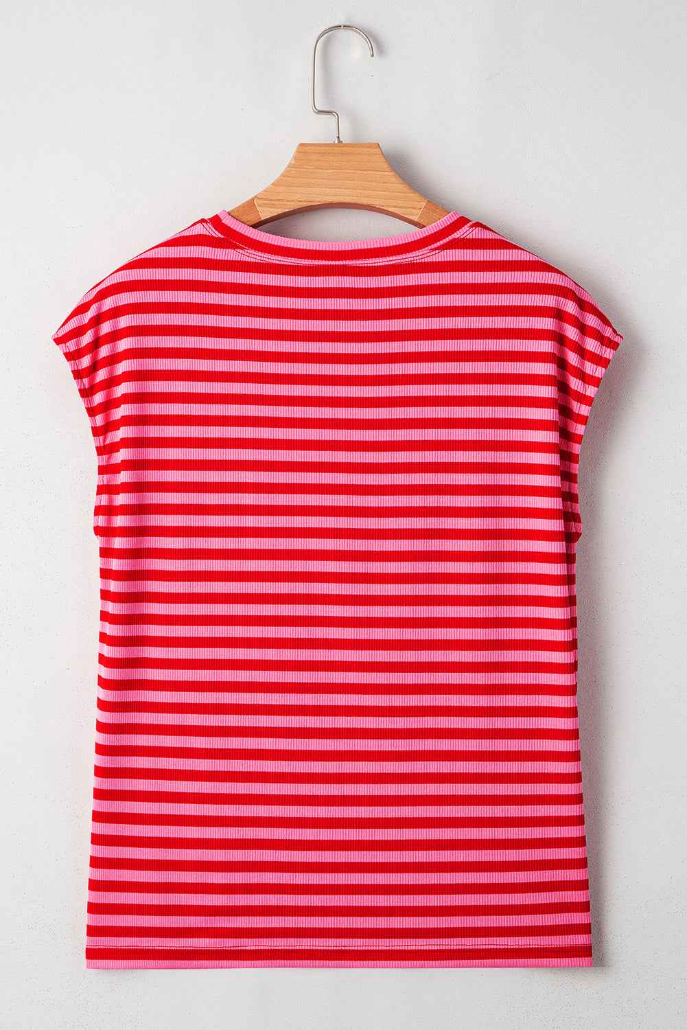 Sky Blue Stripe Ribbed Cap Sleeve Round Neck T Shirt d5fe8cba415ca816