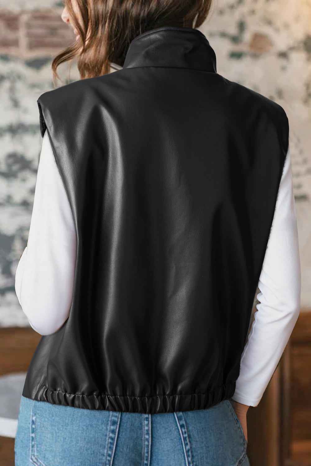 Black Double Flap Pocket Faux Leather Zip Up Stand Neck Vest d601628d07bfca0e