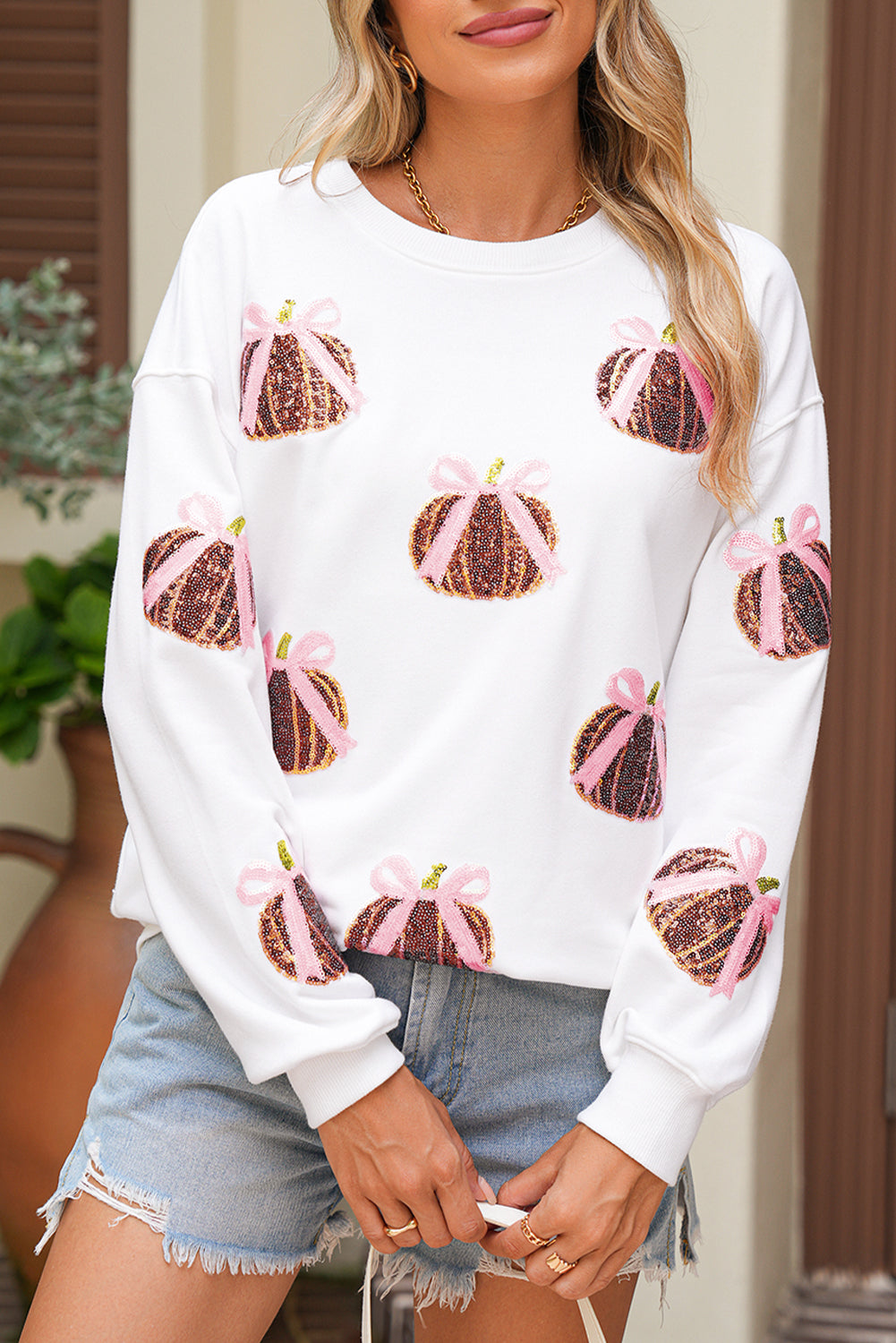 White Sequin Bow Pumpkin Patched Cotton Baggy Sweatshirt d604c836da03d55b