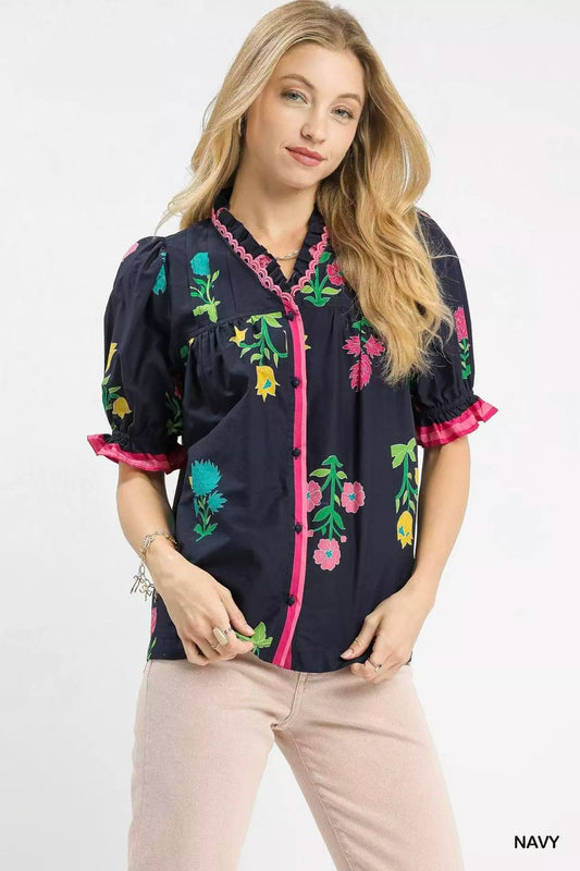 Petal Parade Print Button-Down Blouse NAVY d608a35a-7420-42ed-bcf8-9597d19ad5ee-Max-Origin