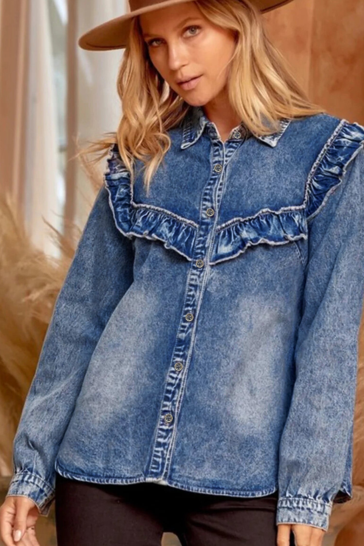 Dusk Blue Vintage Wash Denim Ruffle Detail Button Down Shirt d60ec9397189fe8b