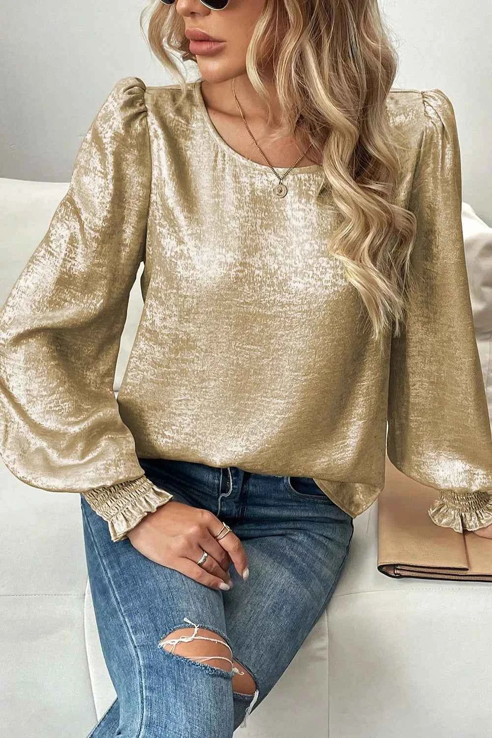 Round Neck Lantern Sleeve Blouse d6131f30-3956-4d8d-a3e2-e0d2b9016c17-Max-Origin