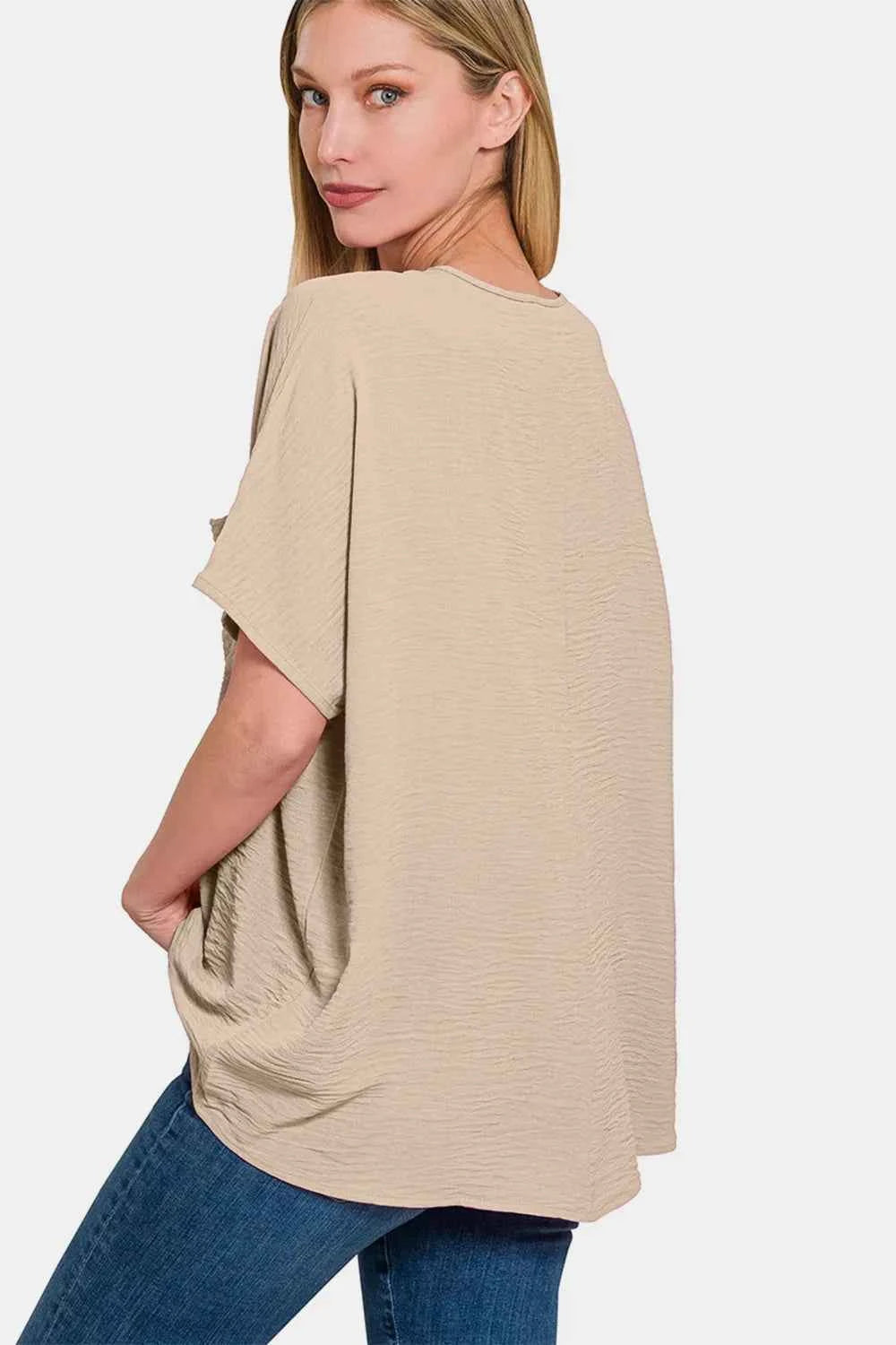 Full Size Texture V-Neck Short Sleeve Top d61477a5-2acd-4fdc-9e09-3d8d6f241815-Max