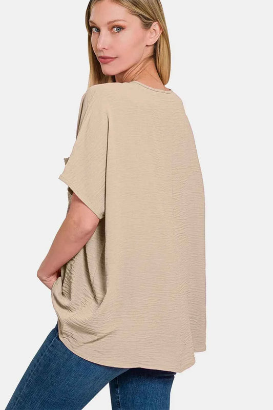 Full Size Texture V-Neck Short Sleeve Top d61477a5-2acd-4fdc-9e09-3d8d6f241815-Max