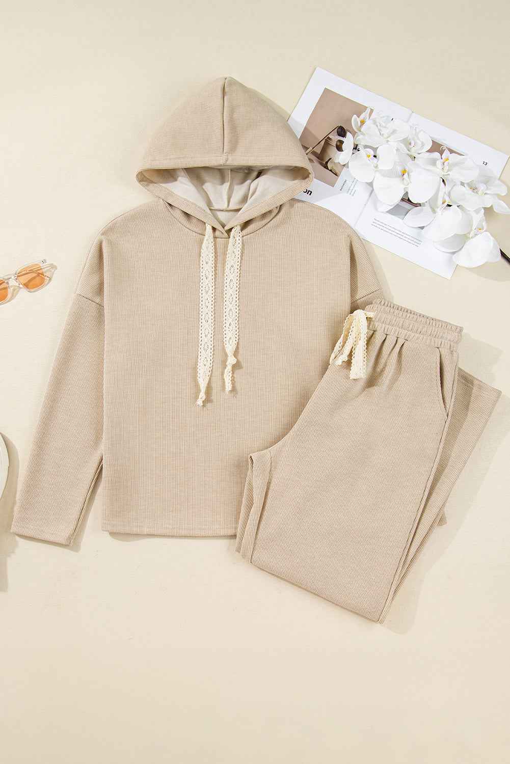 Jet Stream Drawstring Pullover Hoodie and High Waist Pants Corduroy Suit d620de325ce9480b