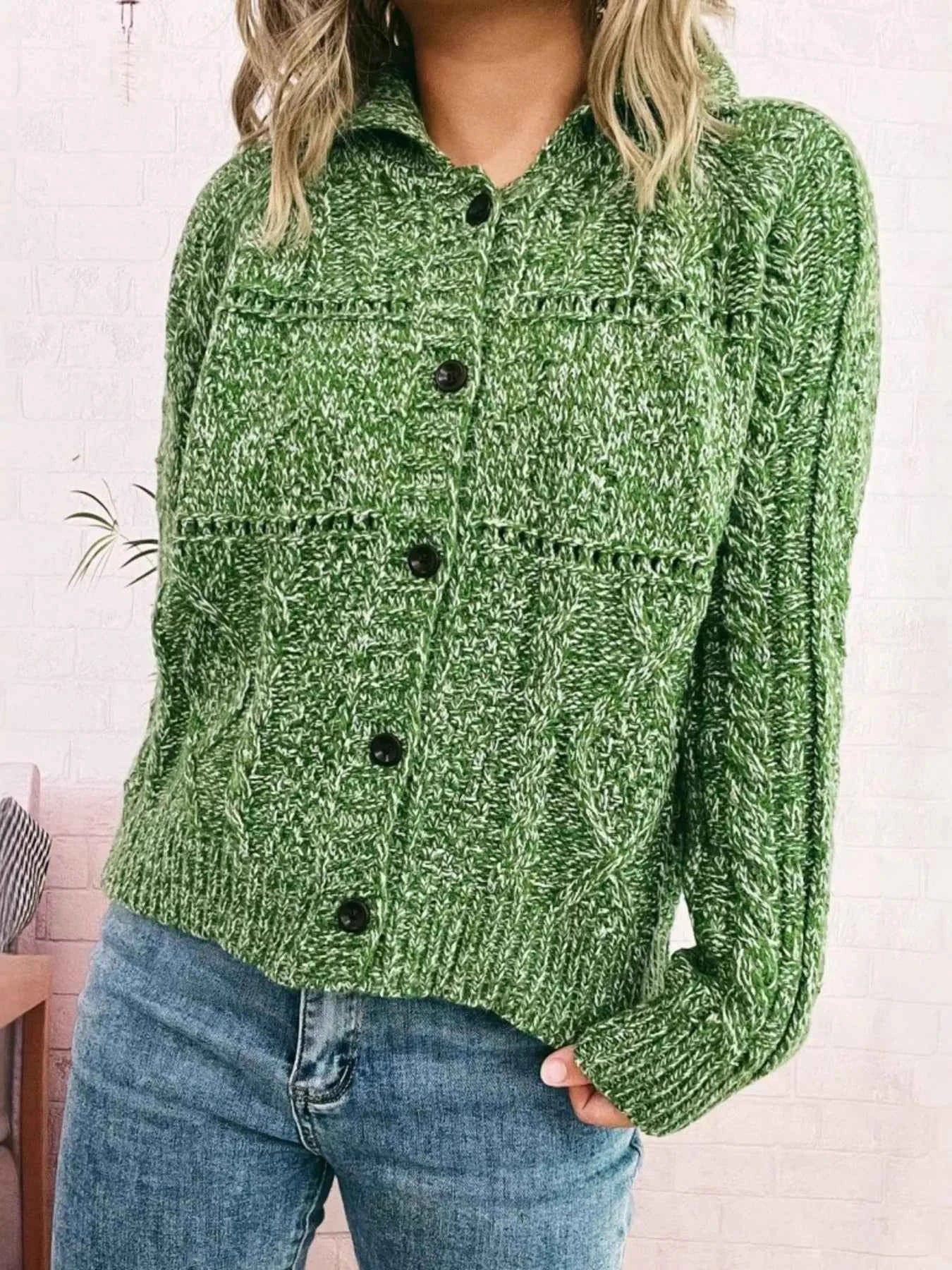 Openwork Cable Knit Button-Up Cardigan Green One Size d6279bee7d7a4de88d487f66f2339104-Max-Origin