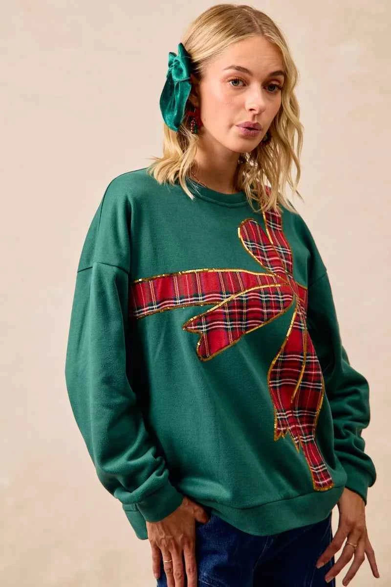 BiBi Plaid Ribbon Bow Detail Christmas Fleece Pullover d62828961de84c7a861851acd2666153-Max-Origin
