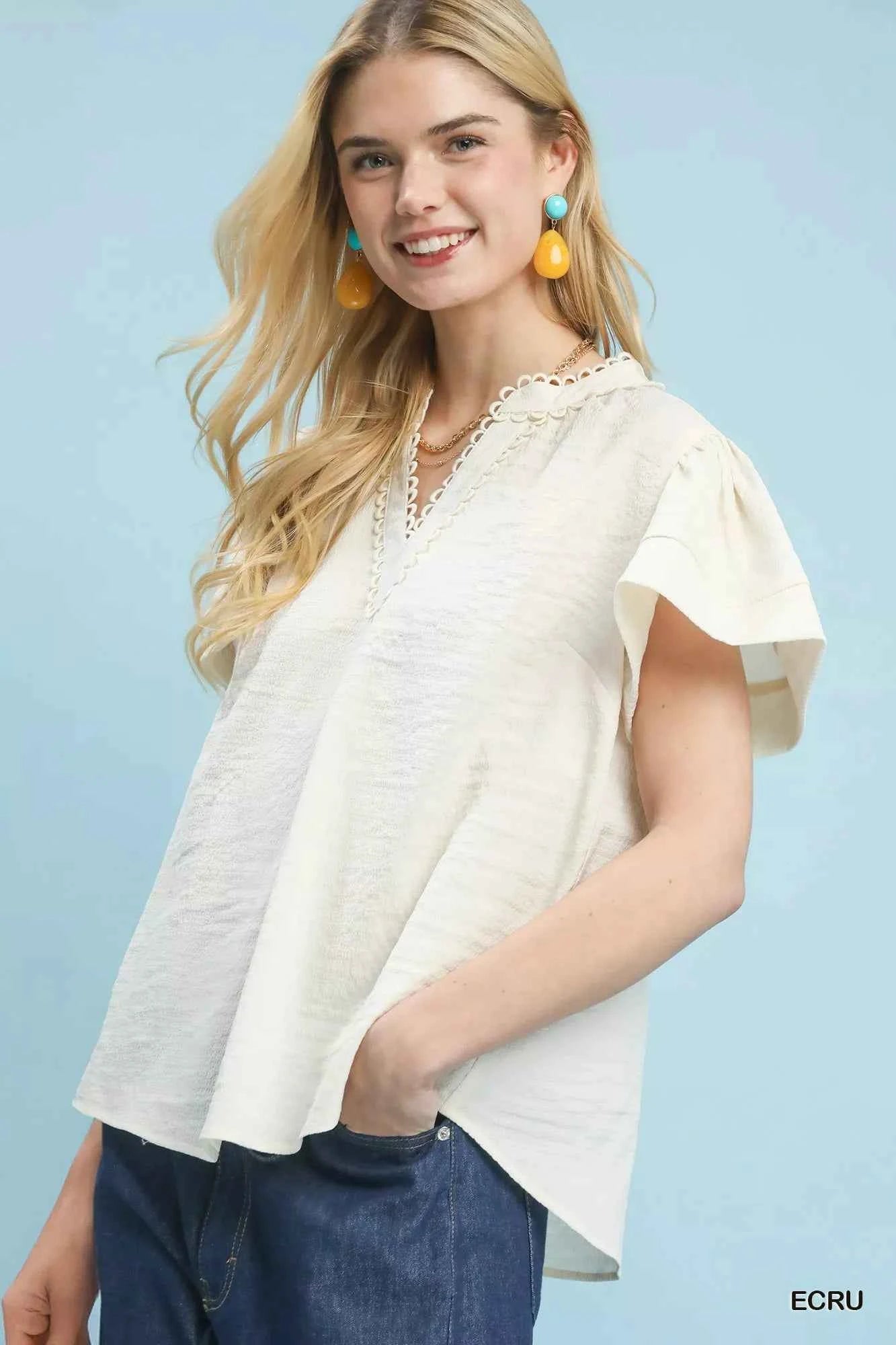 Umgee Seersucker Short Sleeve Top with Lace Trim d62c32c7-b288-4376-94e0-0cb697d05b31-Max-Origin