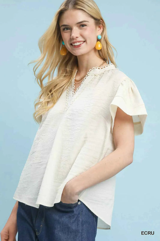 Umgee Seersucker Short Sleeve Top with Lace Trim d62c32c7-b288-4376-94e0-0cb697d05b31-Max-Origin
