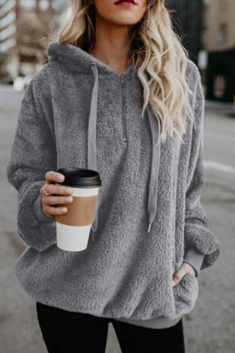 Full Size Quarter-Zip Drawstring Teddy Hoodie Dark Gray d630369c-7dad-46b4-8193-afe85ae2f5fa-Max
