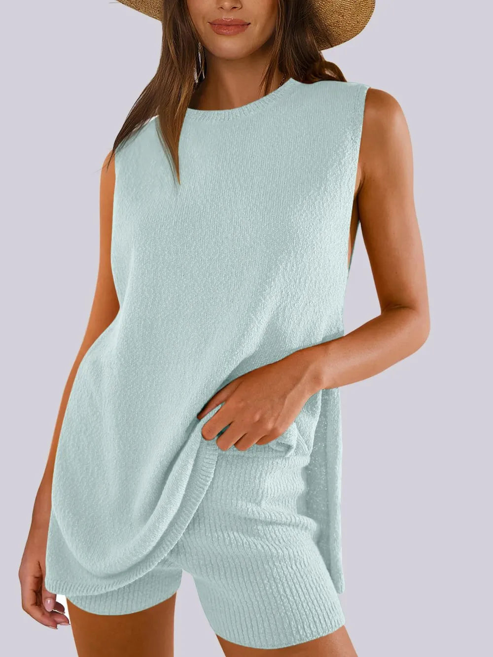 Side Slit Round Neck Tank and Ribbed Shorts Sweater Set Mint Blue d6371e52-483f-452a-b944-d80969c34866-Max