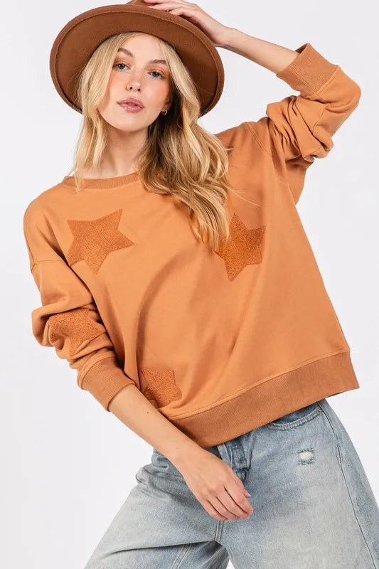 SAGE + FIG Star Patch Long Sleeve Sweatshirt Cinnamon d63ae0c0-7569-44ac-a8dc-0f8f8faa3094-Max