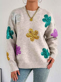 Sequined Floral Round Neck Sweater Dust Storm One Size d63ba7b6-811d-40af-9611-4a957c0bc0f7-Max-Origin