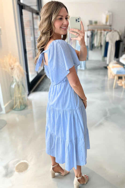 Beau Blue Flowy Short Sleeve Lace Detail Square Neck Tiered Midi Dress d63ccc8db97e5a20
