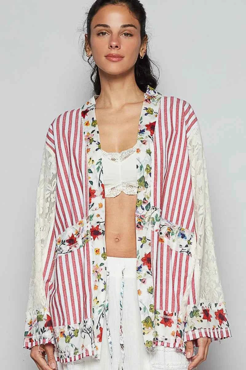 POL Lace Long Sleeve Striped Cardigan with Floral Patchwork Detail Scarlet d6430a3f-76ce-4816-93a2-c259668ada31-Max-Origin