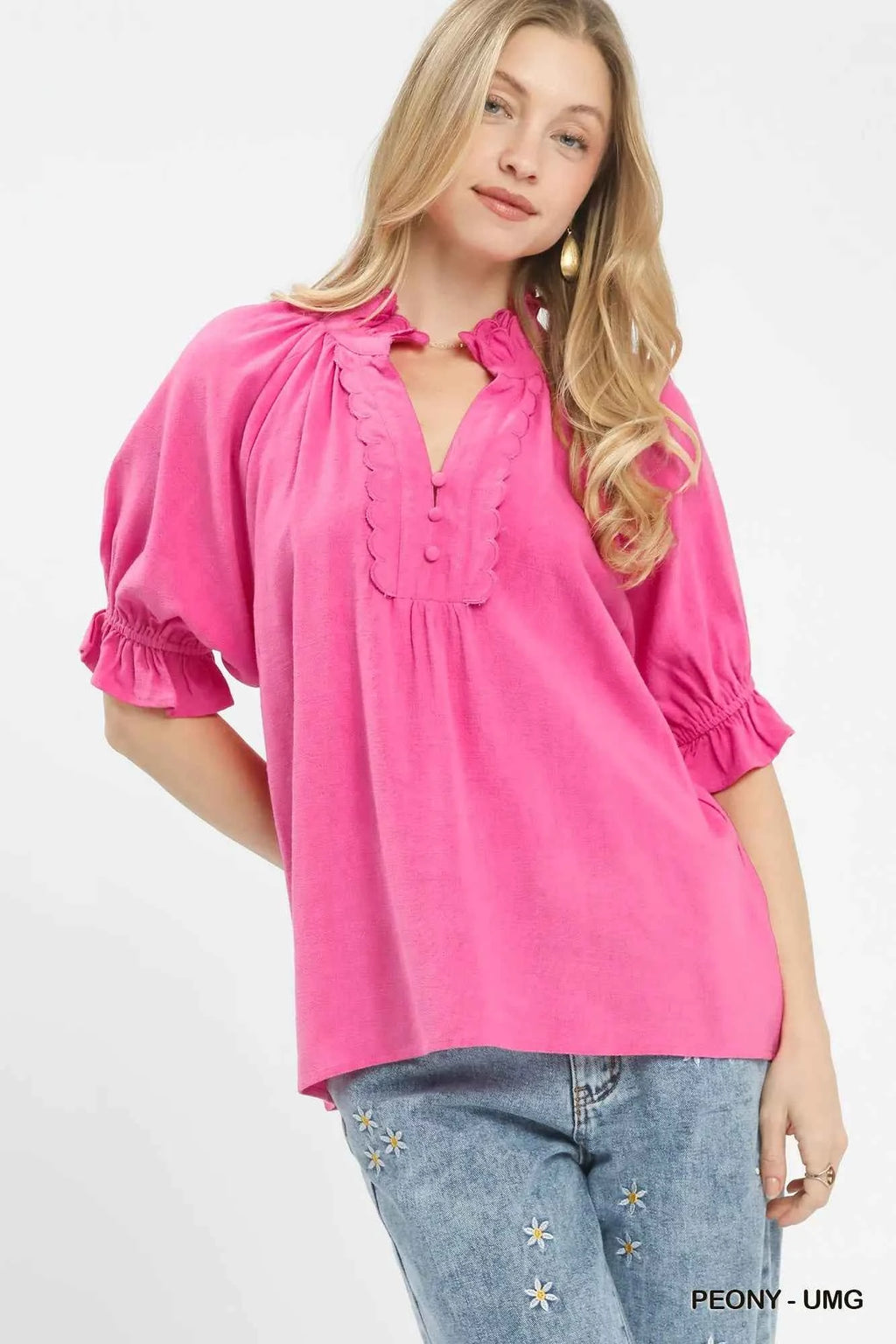 Umgee Linen Scalloped Ruffle Neck Blouse d6465421-505f-4779-a9a5-9a09a8259899-Max-Origin