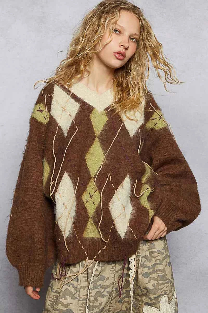 POL V-Neck Argyle Pattern Mohair Sweater with Contrast Exposed Stitch Detail d6534d2f-51c3-4c90-b92d-4e84c4f7c8fa-Max-Origin