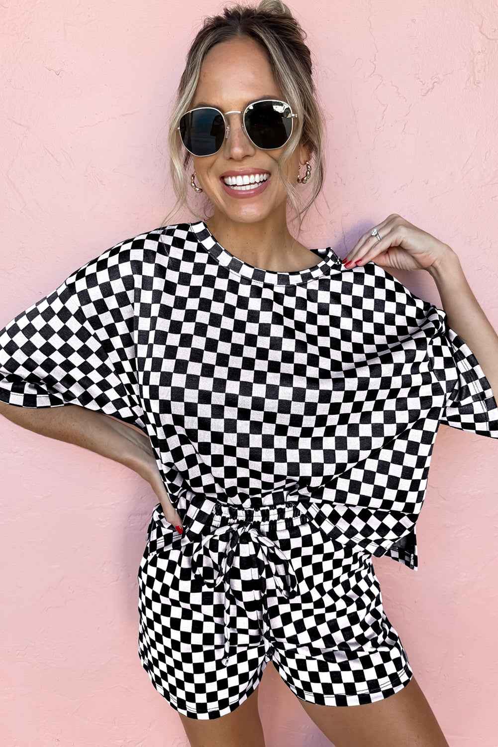 Brown Checkered Top and Drawstring Shorts Pajama Set d656933287c2722f