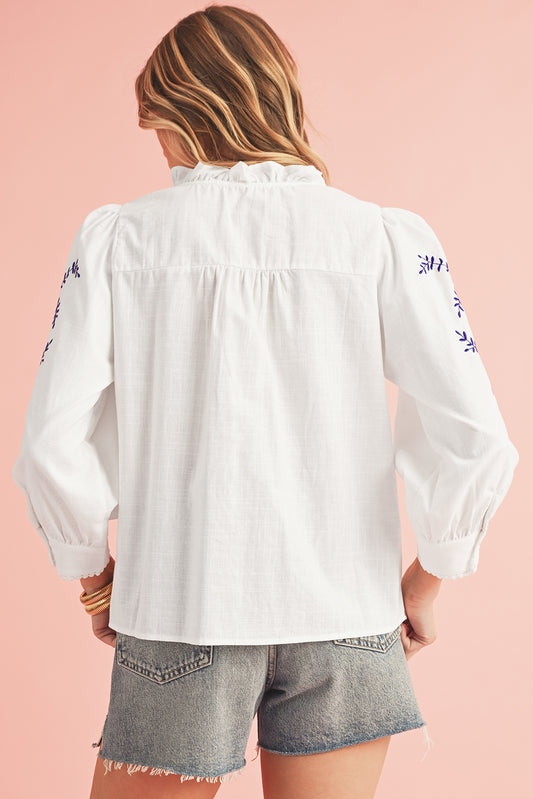 White Floral Embroidered Button Up Bo Blouse