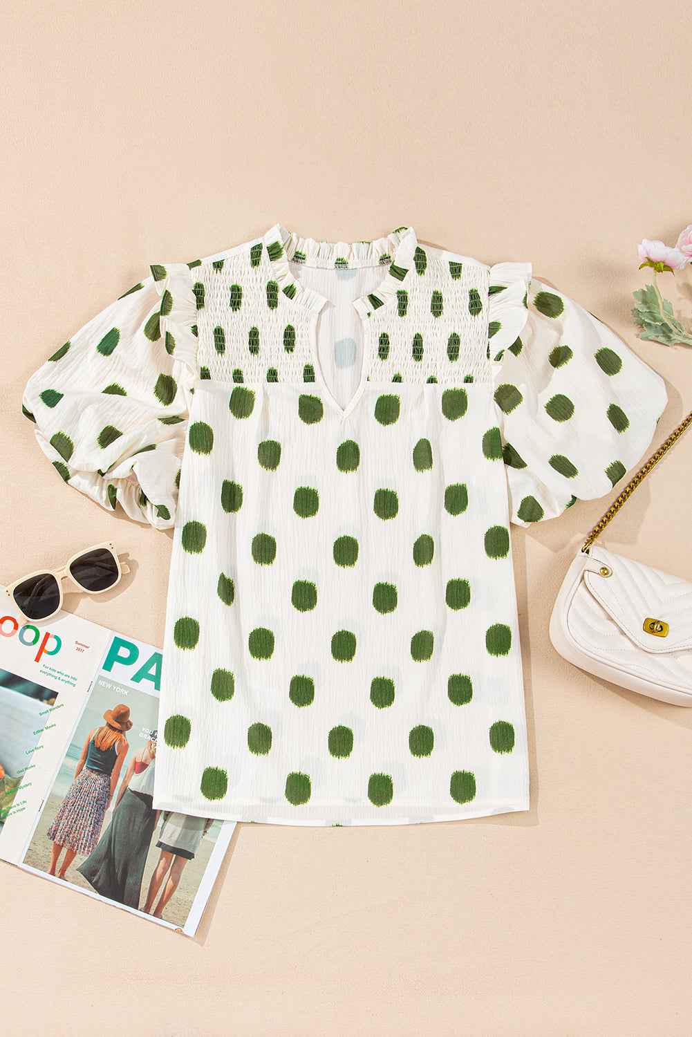 Rose Polka Dot Print Shirred Notched Neck Puff Sleeve Blouse d65aaa90159f0cb1