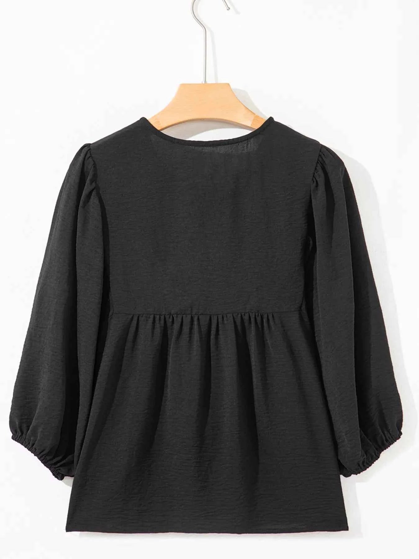 Bow Tie Neck 3/4 Sleeve Casual Blouse d65f0886e87a4685a0516c5445de4e81-Max-Origin