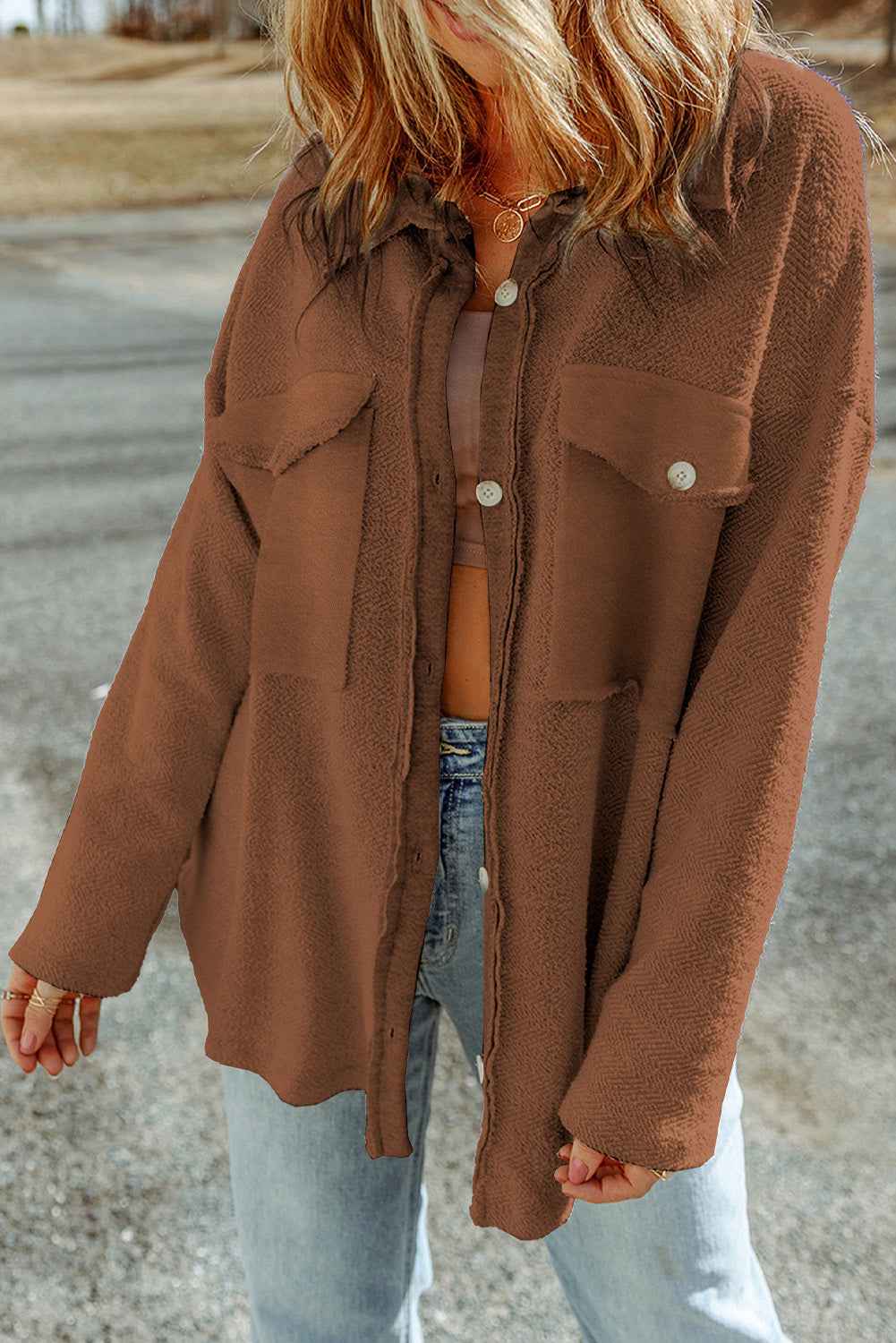 Brown Exposed Seam Terry Patchwork Shacket d662cd8cdfd6341c