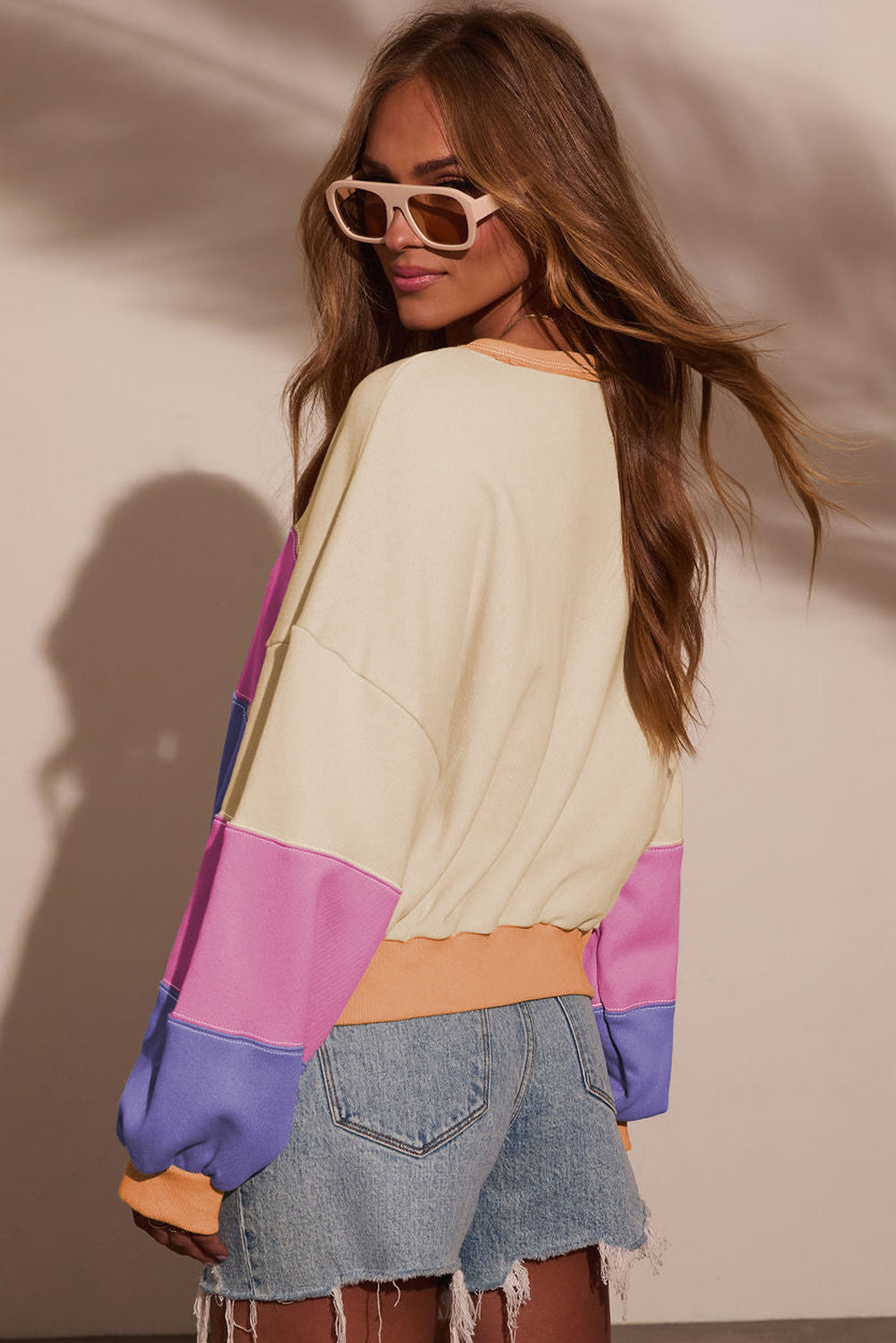 Phalaenopsis Color Block Patchwork Drop Shoulder Cropped Sweatshirt d66907b4c536ea34