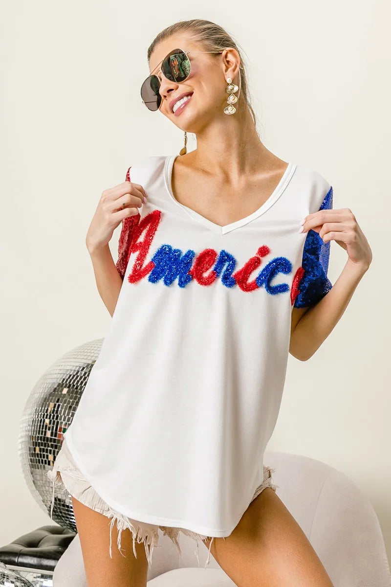 BiBi Metallic Letter V-neck Sequin Sleeves Top d6707a5ccae24ed7911651c8227f05fa-Max-Origin