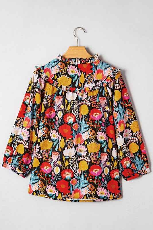 Floral 3/4 Puff Sleeve Tied Neck Blouse d6721333-949c-4e1e-8431-7210e4b429f0