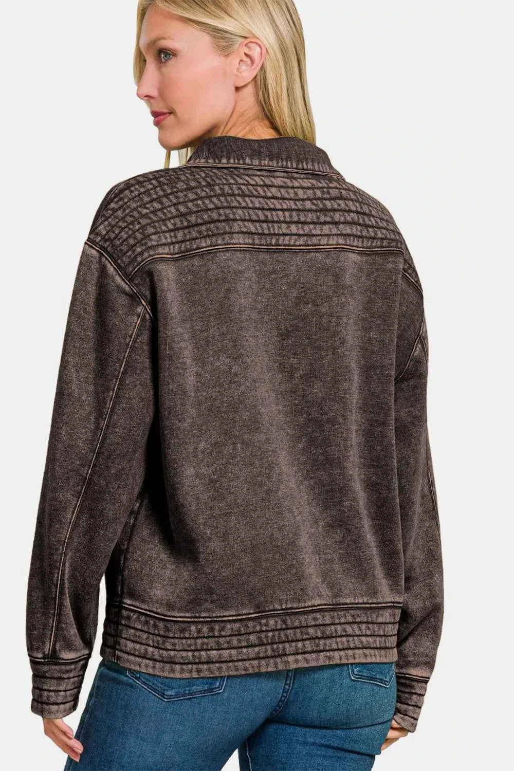 Zenana Acid Washed Half Snap Fleece Sweatshirt d67304da-d4e6-421d-be3e-b843e5f3441e-Max