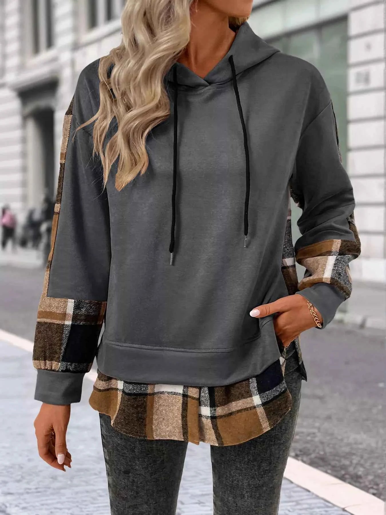 Plaid Drawstring Long Sleeve Hoodie d6731501-9691-4faf-aa52-c88eb6190754-Max-Origin