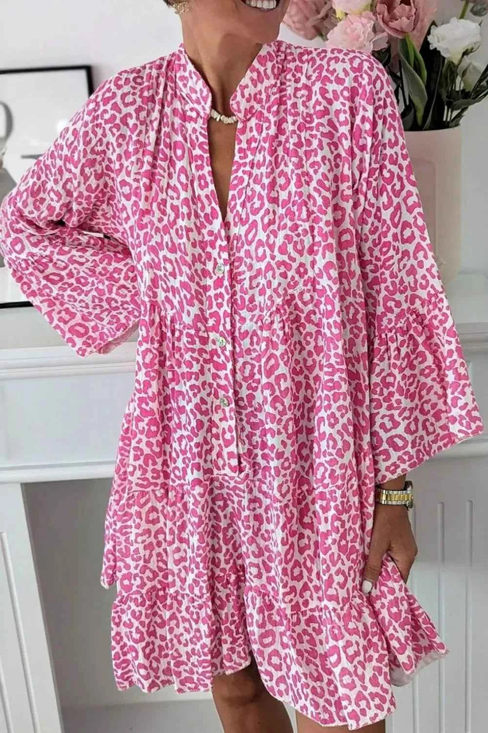 Leopard Notched Long Sleeve Shirt Dress Hot Pink d6753f8b-3dfb-4716-893f-b061c065e85d-Max