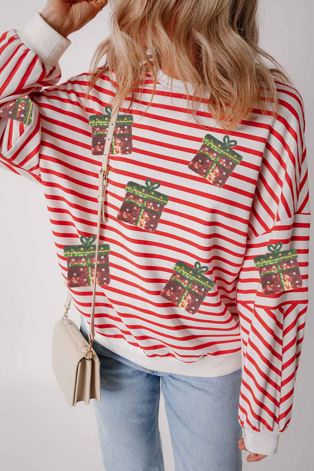 Orange Stripe Sequin Christmas Gift Patched Drop Shoulder Sweatshirt d679c5ec25d3d119
