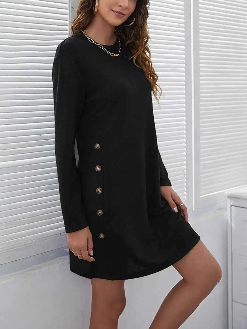Decorative Button Round Neck Dress d67d79ea-2ac6-4378-9913-6ba9ef006636-Max