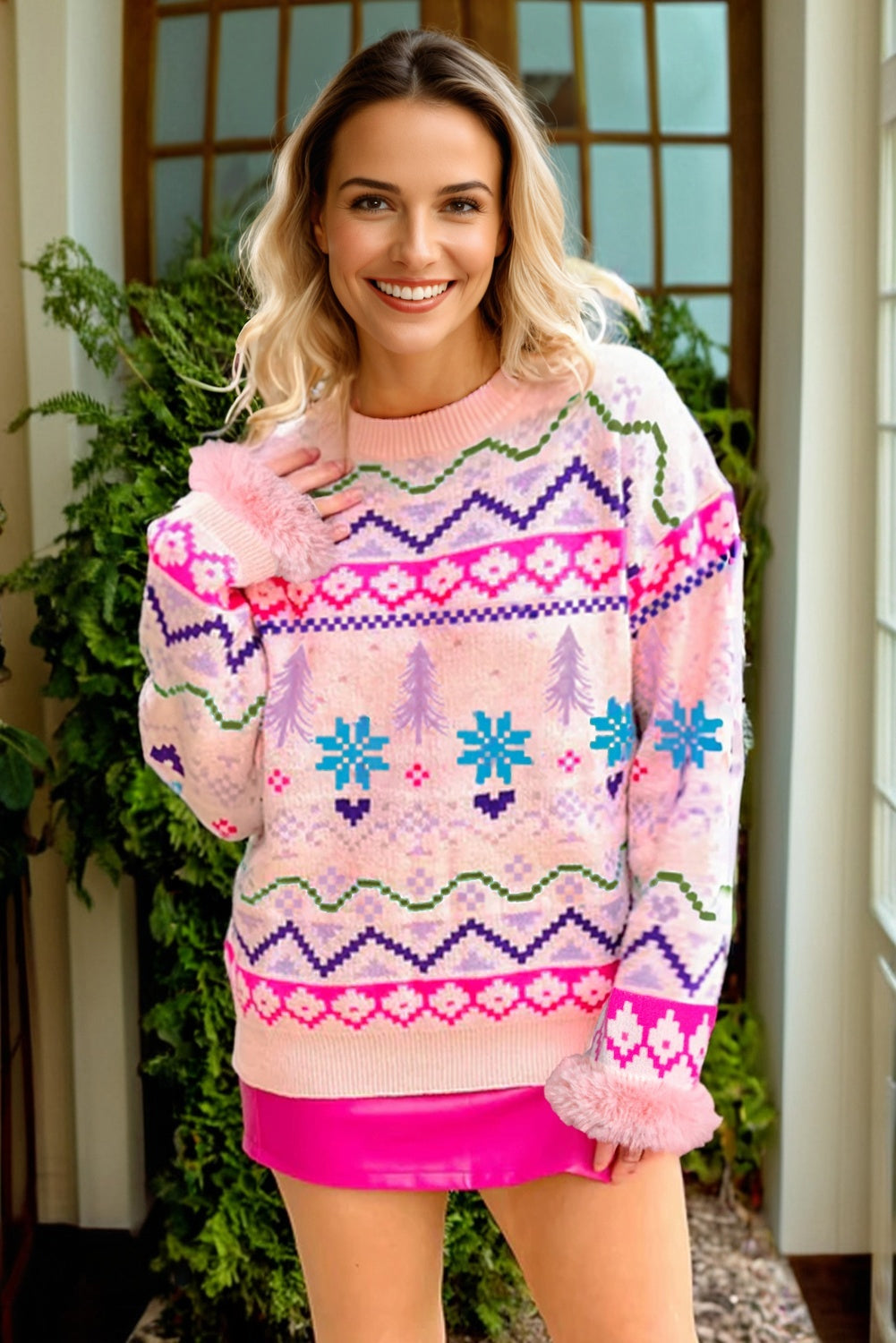Multicolour Ethnic Christmas Pattern Knit Feather Cuffed Sweater