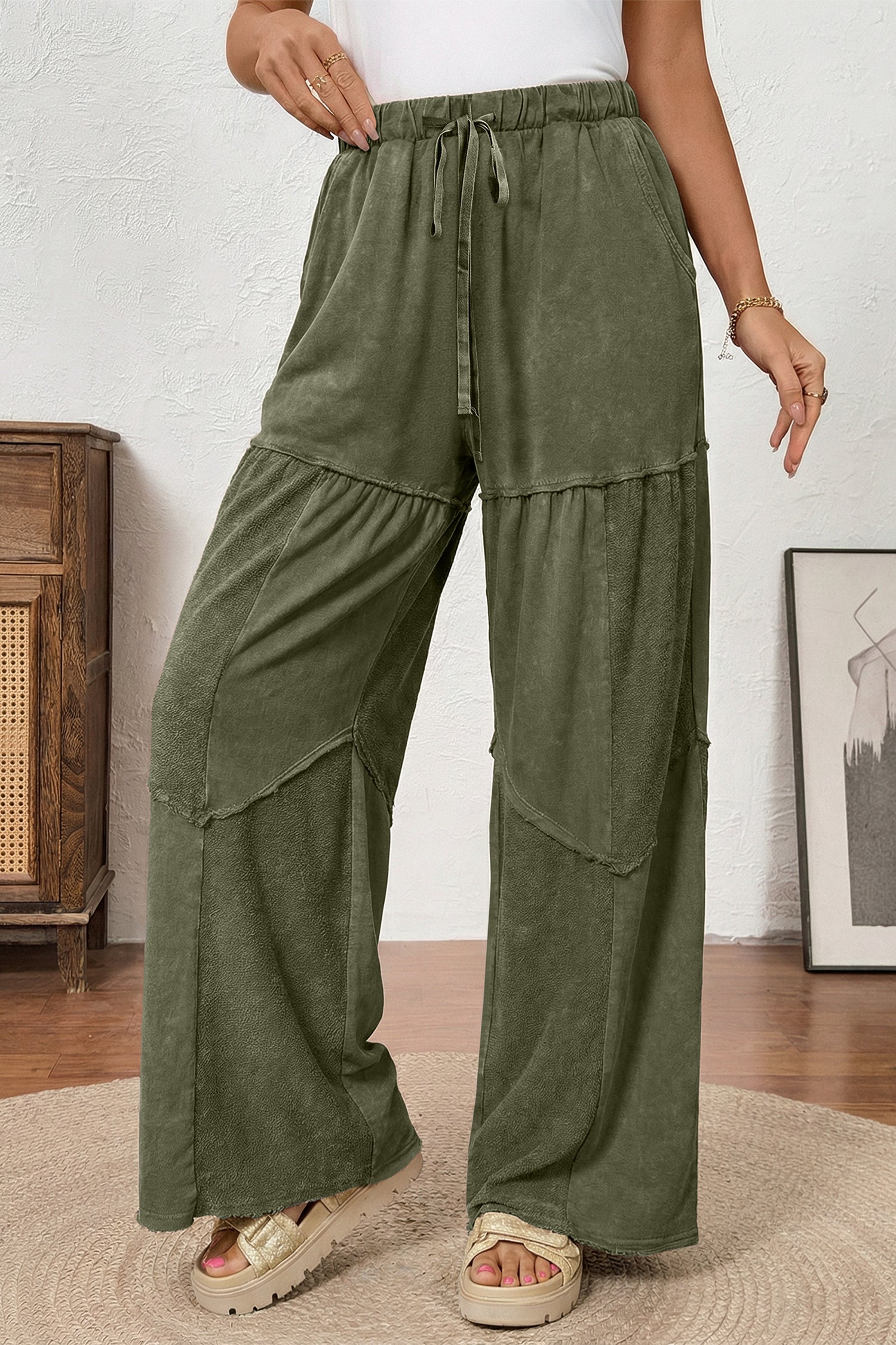 Vineyard Green Mineral Wash Tiered Wide Leg Patchwork Drawstring Pants d685ae91f78e0ee2